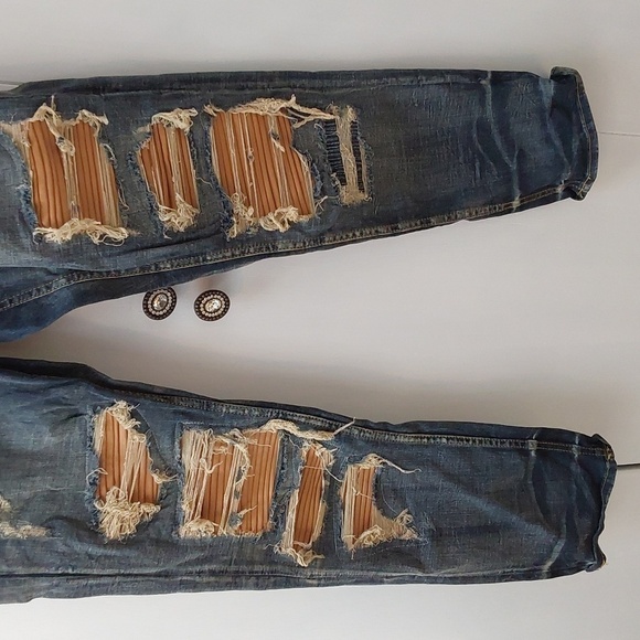 Jordan Craig Mens Jeans Distressed BIKER Moto Edgy Ripped Blue jeans Sz.34 X 32 - Picture 3 of 9
